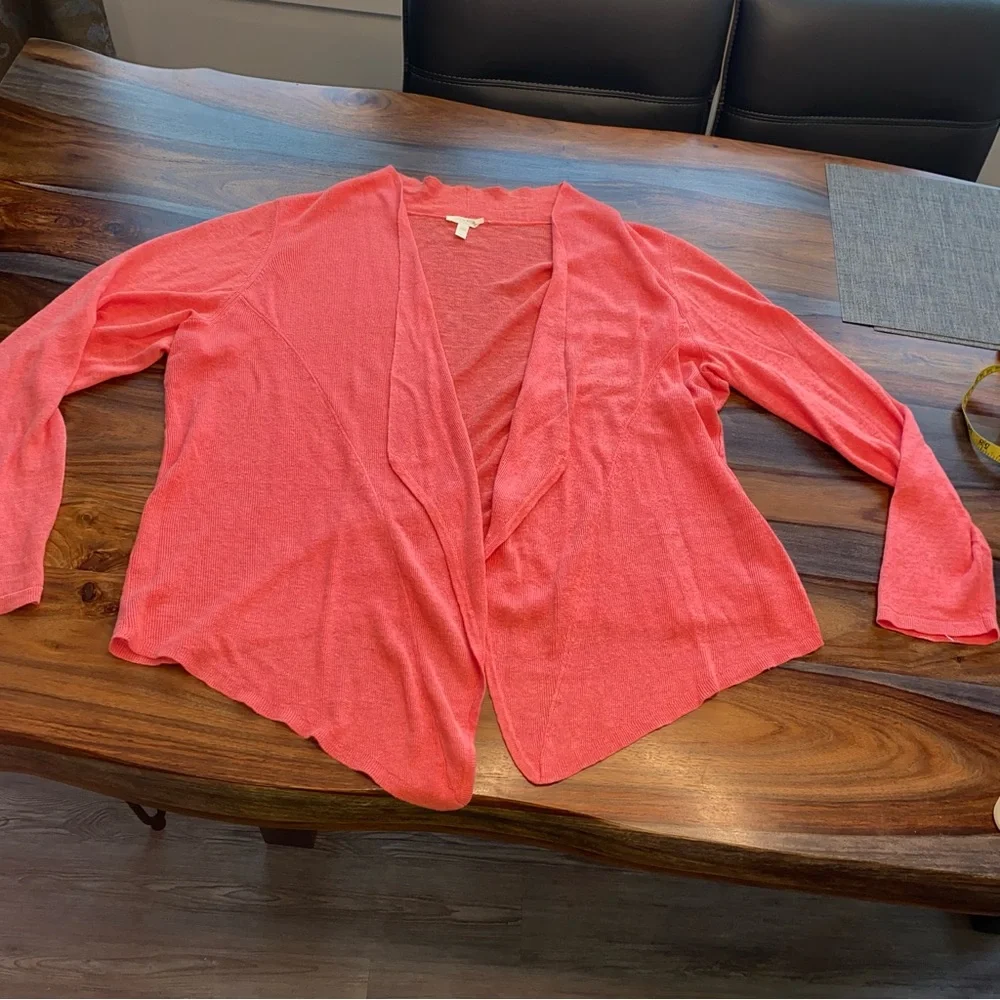 Eileen Fisher 100% Organic Linen Flora Cardigan Coral Angled Open Front 2X EUC